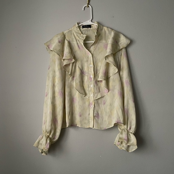 OnTwelfth Women's Yellow Button Down Blouse with Front and Back Ruffle S - Picture 1 of 4